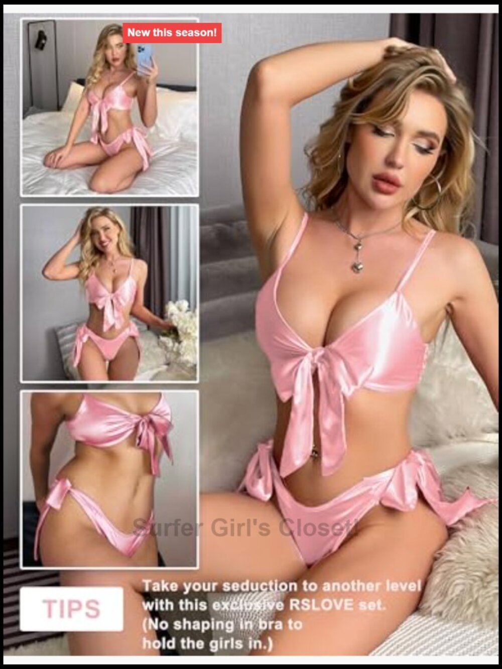 Satin Bow Tie Lingerie Set, 2 Piece Bra and Thong, Adjustable Straps, Pull On - Picture 5 of 7